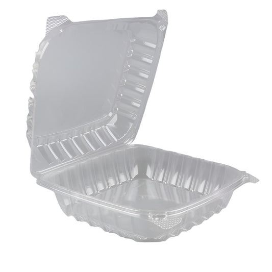 HINGED PLASTIC CONTAINER #21558  (8" x 8") CLEAR @ 300